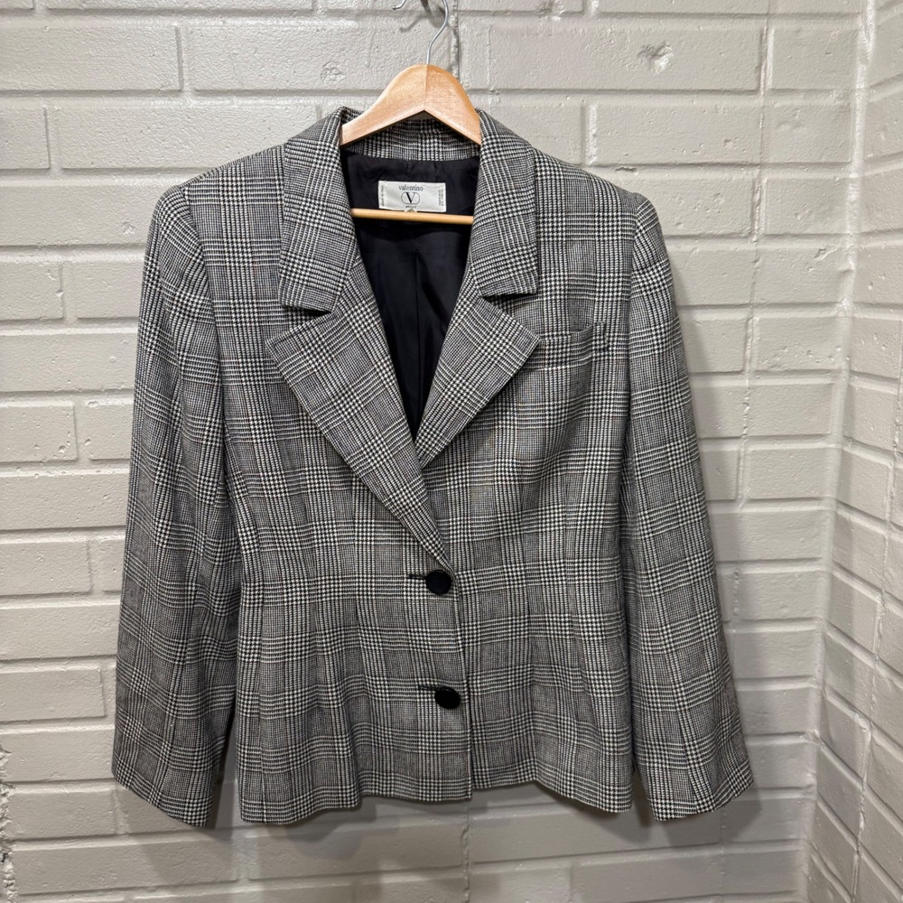 Valentino Miss V Vintage Blazer Glen Plaid Wool Italy Sz 12 Corporate Goth 90s - Picture 2 of 16